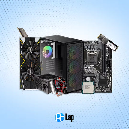 A collage of high-performance gaming components including a dual-fan graphics card, a desktop PC tower with RGB fans, a motherboard, a CPU, a power supply, and an SSD, arranged together on a light blue gradient background with a dotted pattern. The 'PC Lap' logo is visible at the bottom.