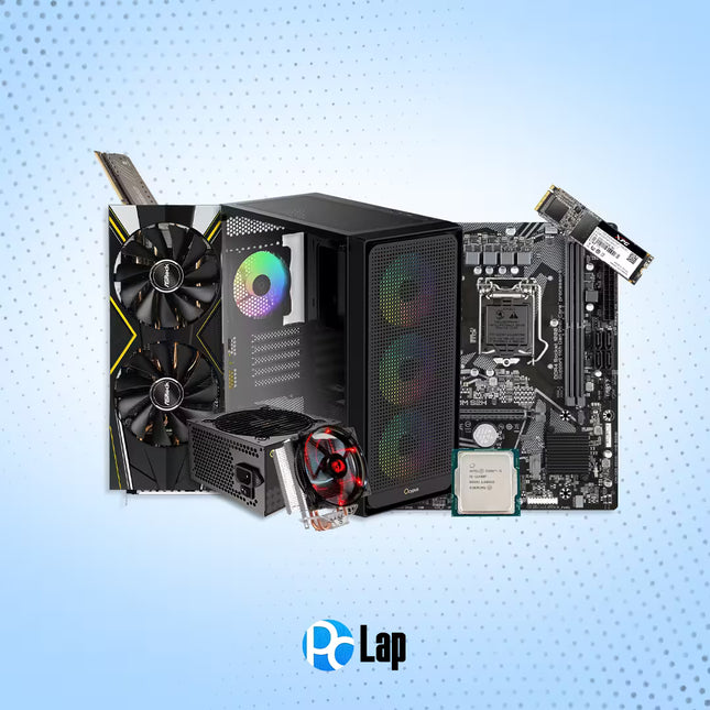 A collage of high-performance gaming components including a dual-fan graphics card, a desktop PC tower with RGB fans, a motherboard, a CPU, a power supply, and an SSD, arranged together on a light blue gradient background with a dotted pattern. The 'PC Lap' logo is visible at the bottom.