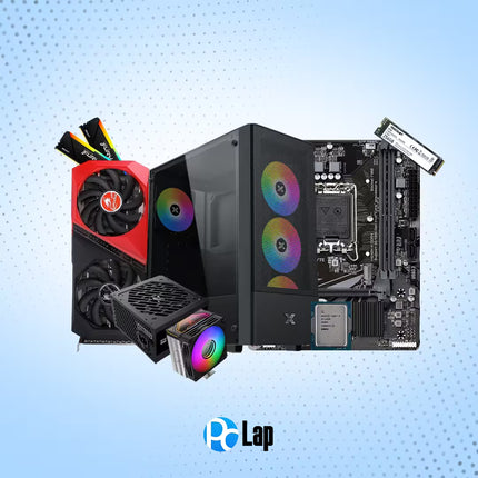 A collage of computer hardware components including a black desktop PC tower with RGB fans, a red graphics card, a black power supply, a CPU socket board, RAM sticks, and a RAM module, arranged on a light blue dotted background with the 'PC Lap' logo at the bottom.