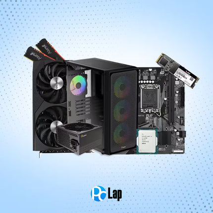 High-performance custom gaming PC bundle featuring a Gigabyte dual-fan graphics card, black RGB mesh PC case, Intel processor, Intel-compatible motherboard, M.2 NVMe SSD, DDR4 RAM, and 80 Plus power supply, displayed on a light blue background with the PcLap logo.