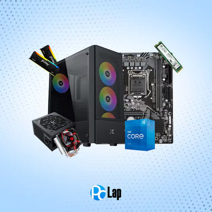 A desktop PC build kit collage showing a black PC case with RGB fan accents, a motherboard, RAM sticks, a power supply, and an Intel Core processor box, arranged on a light blue dotted background with the 'PC Lap' logo at the bottom.