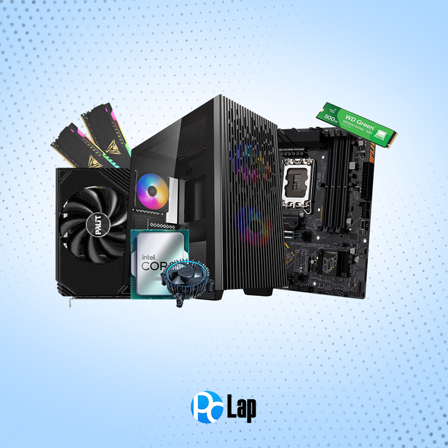 Computer hardware components on a blue background with 'PPLap' logo.