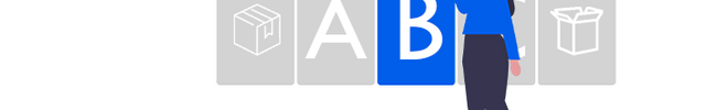 Person holding a blue box labeled 'A B c' with gray boxes on a white background