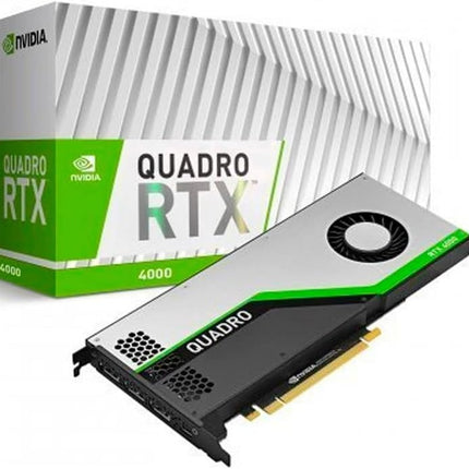 NVIDIA Quadro RTX 4000 graphics card with packaging on a white background