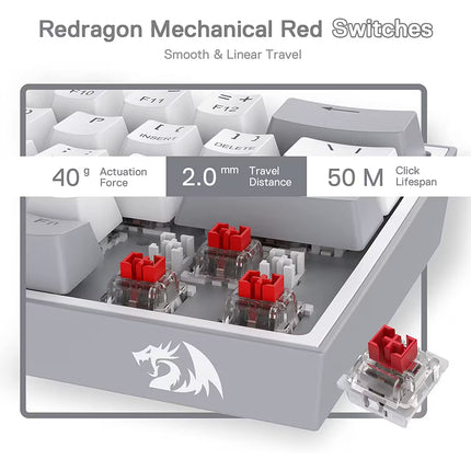 Redragon mechanical red switches with keyboard and switch details on a white background