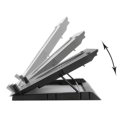 A black adjustable desk stand with three angled support panels shown open on a white background, plus a black arrow graphic indicating height adjustment.