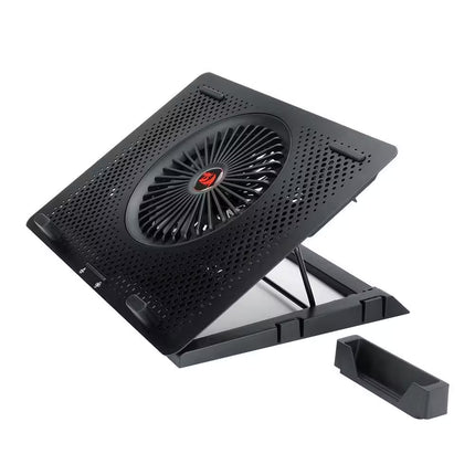 Black laptop cooling pad with fan on a white background