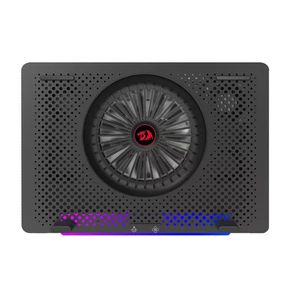 A black rectangular cooling fan accessory with a large circular fan in the center, perforated side panels, and RGB lighting accents in purple and blue along the bottom edge.