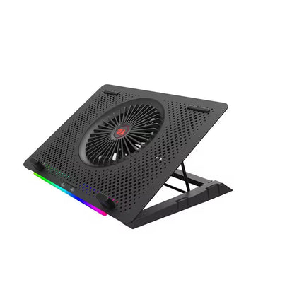 Black laptop cooling stand with RGB lighting on a white background