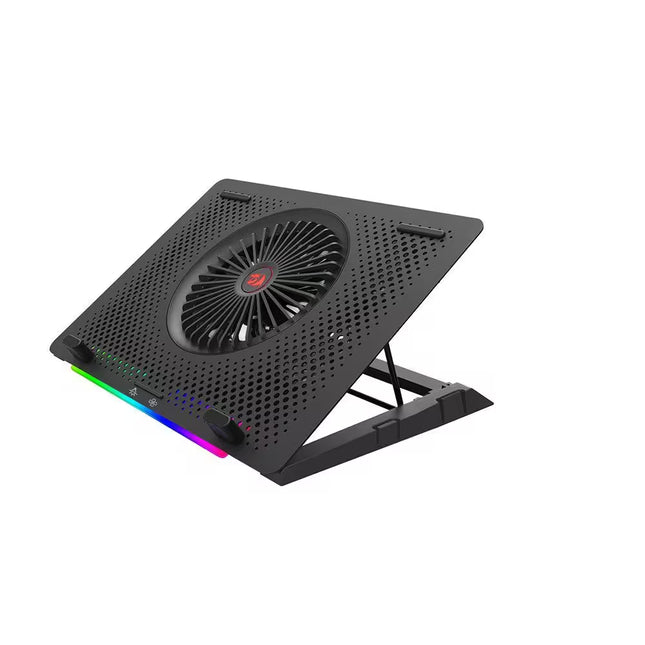 Black laptop cooling stand with RGB lighting on a white background
