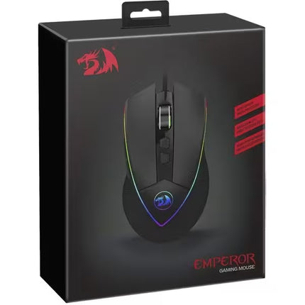 Gaming mouse packaging with Emperor branding on a black background