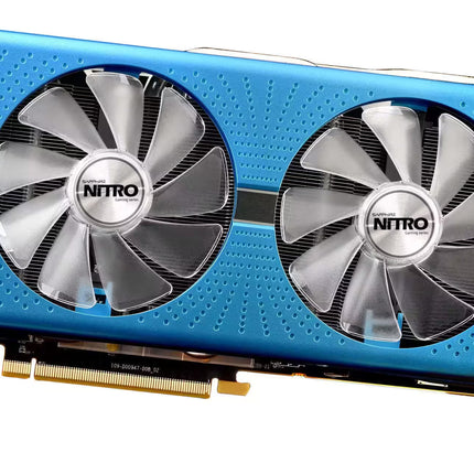 Blue computer graphics card with dual fans on a white background