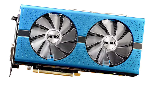 Blue computer graphics card with dual fans on a white background