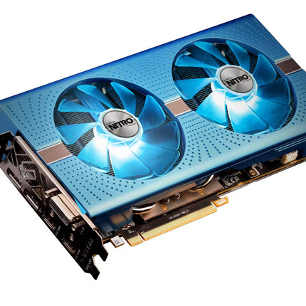 Computer graphics card with blue fans on a white background