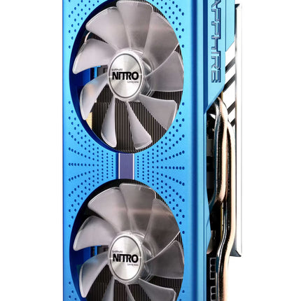 Blue computer graphics card with two fans on a white background