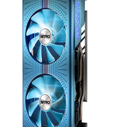 Sapphire Nitro graphics card with two blue fans on a white background