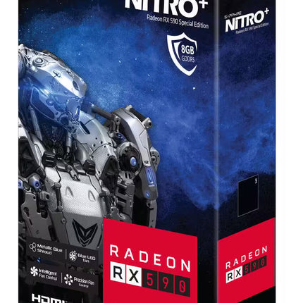 Supreme Nitro+ Radeon RX 590 graphics card packaging with robot illustration