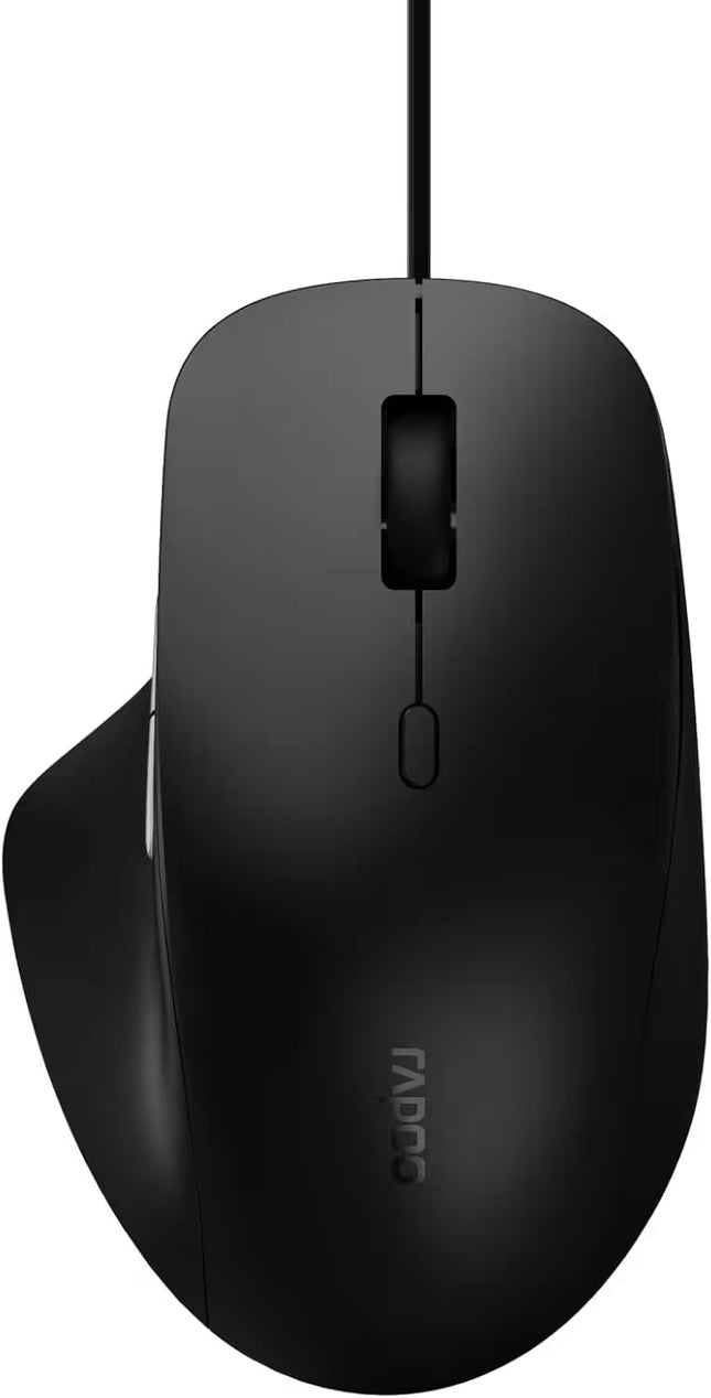 Black computer mouse with a cable on a white background