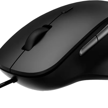 Black computer mouse with a cable on a white background