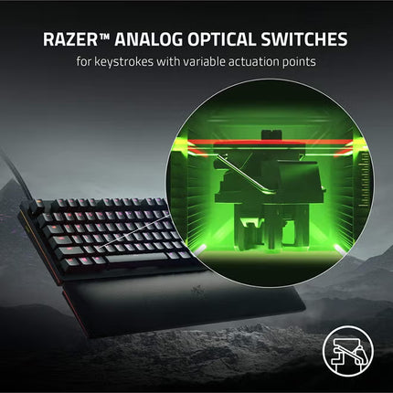 Gaming keyboard with Razer analog optical switches on a dark background