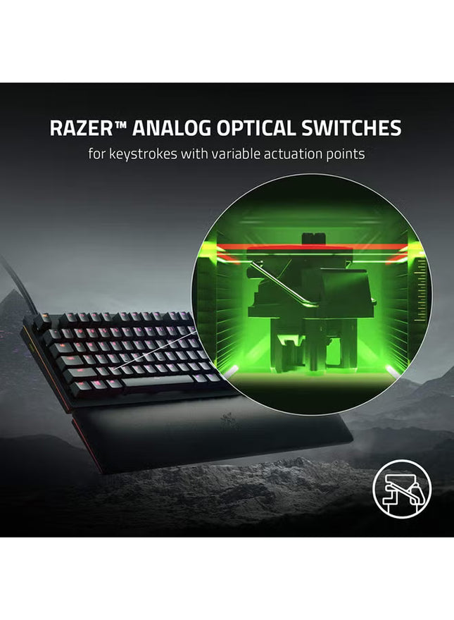 Gaming keyboard with Razer analog optical switches on a dark background