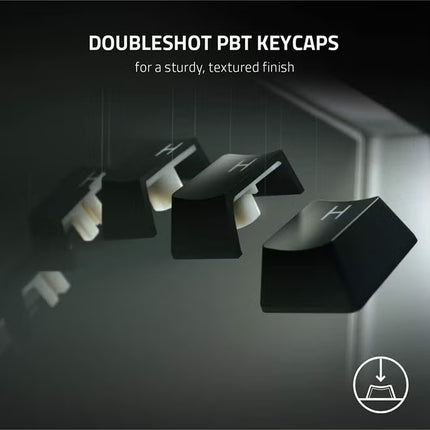 Black keycaps with white accents on a reflective surface, text 'Doubleshot PBT Keycaps' above.