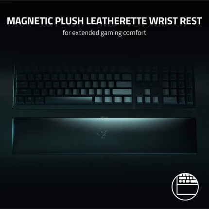 Magnetic plush leatherette wrist rest for extended gaming comfort with keyboard in the background