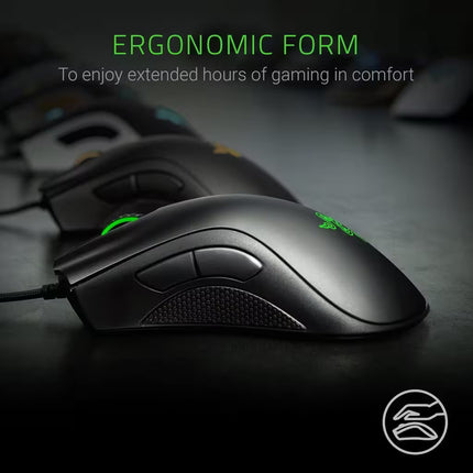 Ergonomic gaming mouse with text on comfort and extended gaming hours, brand logo visible.