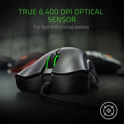 Gaming mouse with True 6,400 DPI optical sensor on a dark background