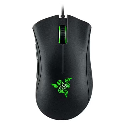 Black gaming mouse with green logo on a white background