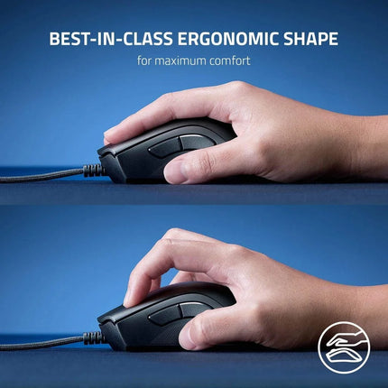Ergonomic mouse with hands using it on a blue background, emphasizing comfort.