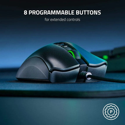 Gaming mouse with 8 programmable buttons on a dark background