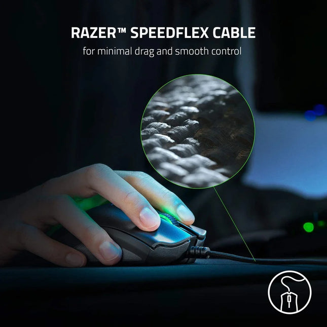Gaming mouse with Razer Speedflex cable being used, highlighting the cable texture.