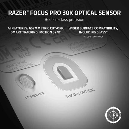 Razer Focus Pro 30K optical sensor with text highlighting features on a dark background