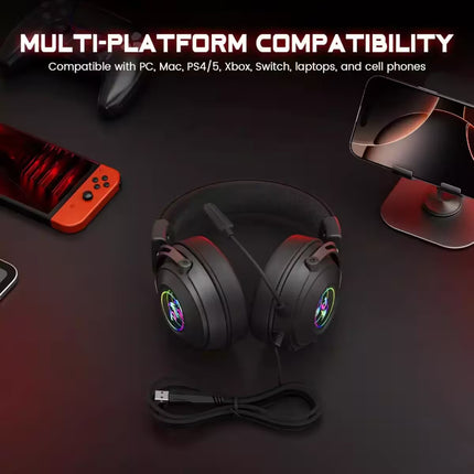Gaming headset with accessories on a dark surface, highlighting multi-platform compatibility.