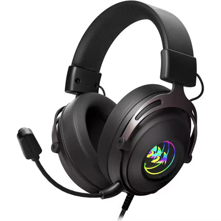 Black gaming headset with RGB lighting on a white background