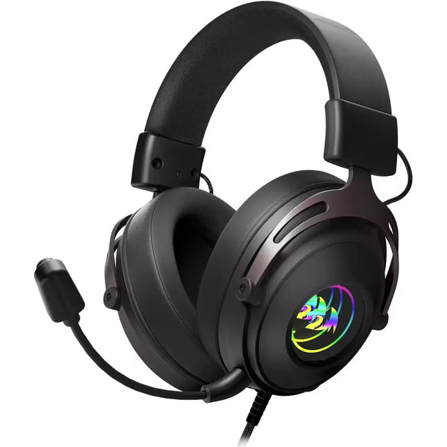 Black gaming headset with RGB lighting on a white background