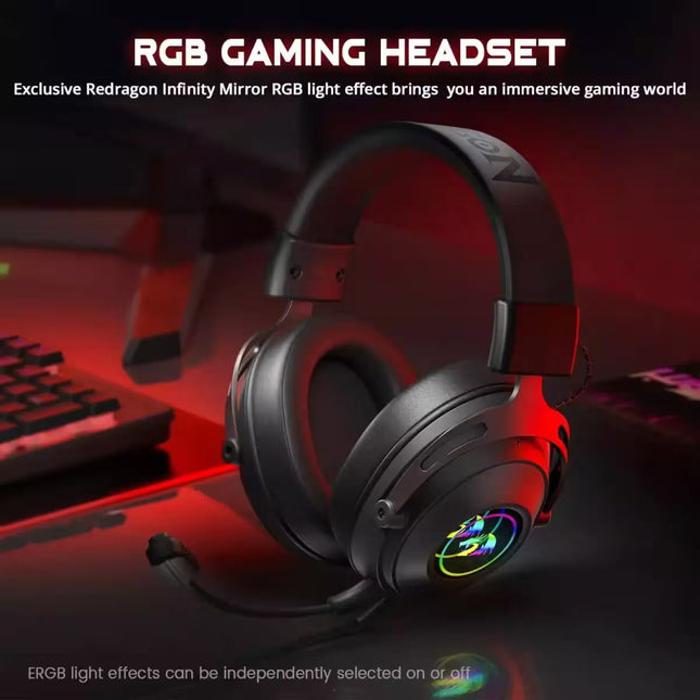 Black gaming headset with RGB lighting on a dark background, featuring text about Redragon Infinity Mirror RGB light effect.