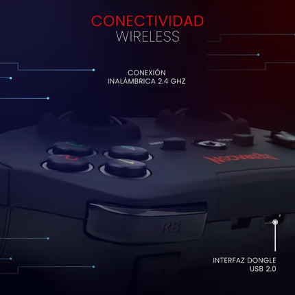 A close-up of a dark gaming controller with Spanish text overlays highlighting wireless connectivity and USB 2.0 Dongle interface, set against a dark blue and red gradient background.