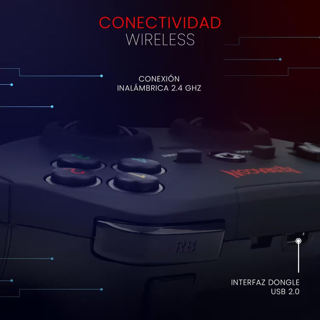 A close-up of a dark gaming controller with Spanish text overlays highlighting wireless connectivity and USB 2.0 Dongle interface, set against a dark blue and red gradient background.
