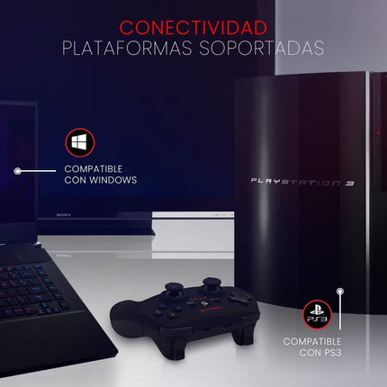 A black PlayStation 3 console, black controller, laptop, and monitor arranged on a white surface with Spanish text reading 'CONEXIVIDAD PLATAFORMAS SOPORTADAS' and compatibility callouts for Windows and PS3.