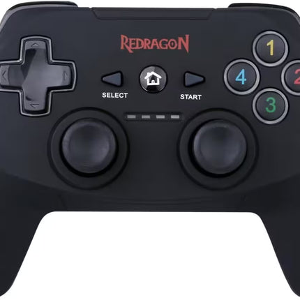 A black wireless game controller with dual analog sticks, a directional pad, and colored number buttons 1 through 4. The brand name 'REDDRAGON' is printed in red at the top center, and the buttons are labeled SELECT, START, and 1-4.