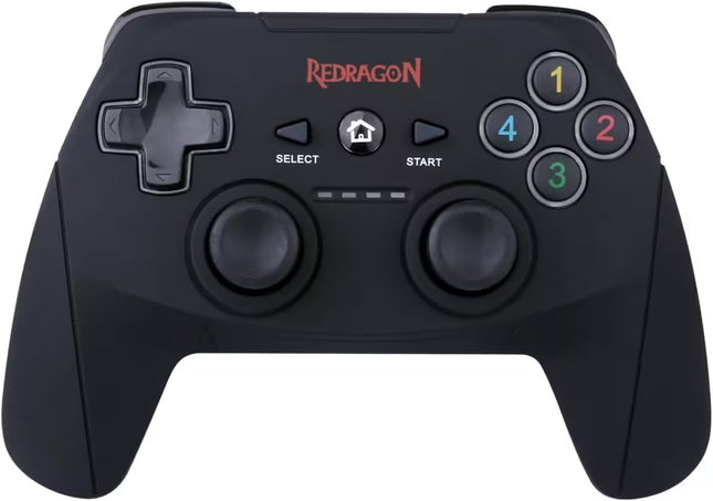 A black wireless game controller with dual analog sticks, a directional pad, and colored number buttons 1 through 4. The brand name 'REDDRAGON' is printed in red at the top center, and the buttons are labeled SELECT, START, and 1-4.