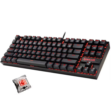 High-angle product shot of a black Redragon K552 mechanical gaming keyboard with red LED backlighting, displayed next to a single detached linear red mechanical switch in the foreground against a plain white background.