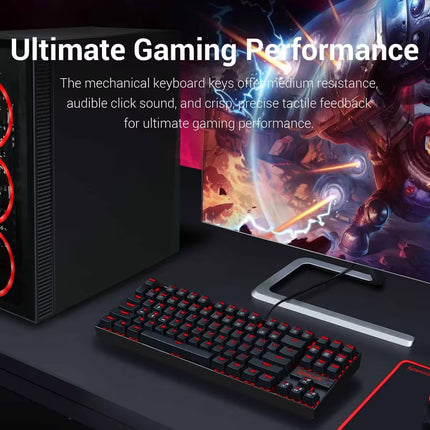 Gaming setup promo image titled "Ultimate Gaming Performance" showing a black Redragon mechanical keyboard with red backlighting on a desk next to a gaming PC monitor displaying an action game.