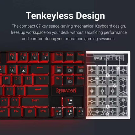 Infographic titled "Tenkeyless Design" showing a top-down view of the Redragon keyboard. The right side features a translucent overlay illustrating the space saved by removing the traditional numeric keypad (Numpad).