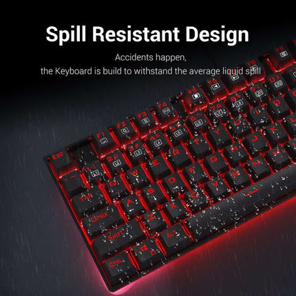 Promotional image titled "Spill Resistant Design" featuring a close-up, angled view of the Redragon mechanical keyboard covered in realistic water droplets to demonstrate its liquid resistance.
