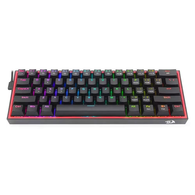A compact 75% mechanical gaming keyboard with black keycaps, RGB rainbow backlighting, and a red accent ring, shown from a top-down perspective on a white background.