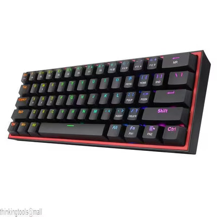 A compact black mechanical keyboard with RGB backlighting and a red accent trim, shown at an angle on a white background.