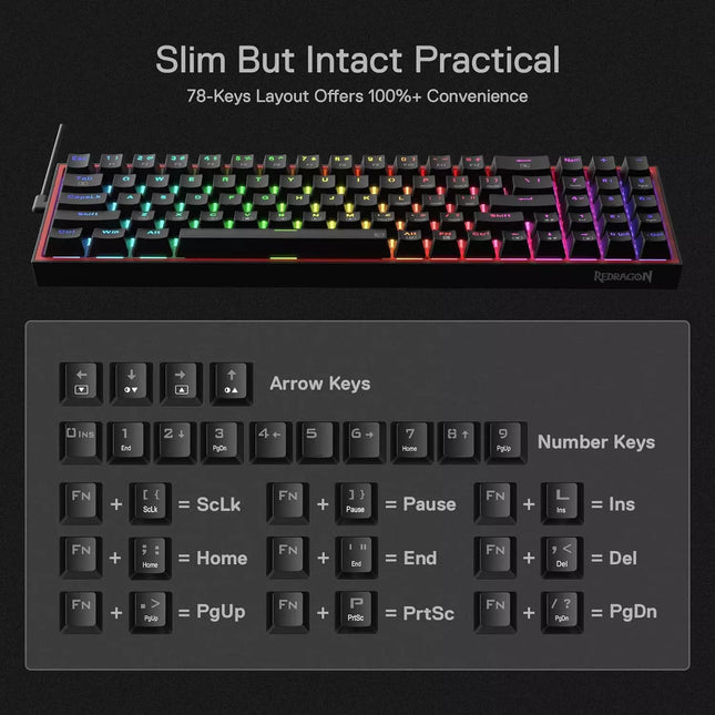Keyboard with RGB backlighting and key labels on a black background